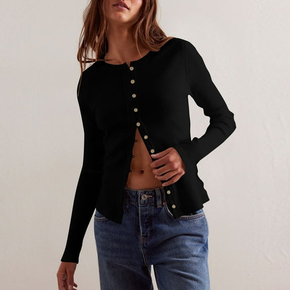 BLCHUNen Button down Shirts Long Sleeve Cardigan Crew Neck Stretch Trendy Blouses Lightweight Workout Sports Casual Fall Tops