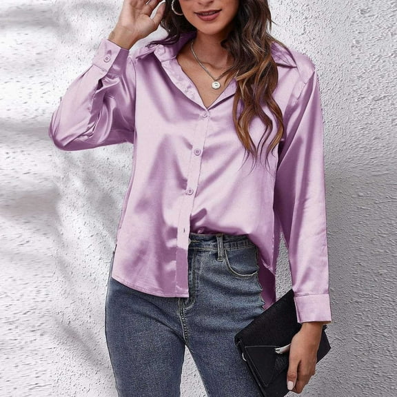 BLCHUNen Button down Shirts Satin Silk Long Sleeve Breathable Cardigan Blouses Lightweight Workout Sports Casual Fall Trendy Tops