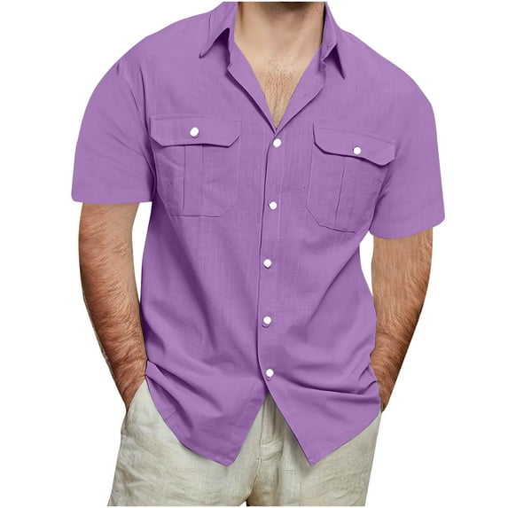 BLCHUNen Button down Shirts for Men Cotton Linen Short Sleeve Casual Lightweight Beach Summer Shirts with Pockets