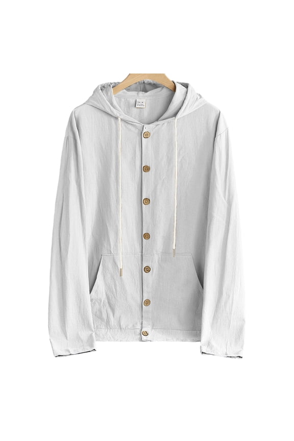 Button down Shirts for Men Long Sleeve Hooded Drawstring Lightweight Loose Outdoor Casual Tops with Pockets