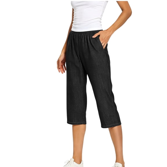 BLCHUNen Capri Pants with Pockets for Women Jeans Casual Elastic Waist Lightweight Fashion Streetwear Pants with Pockets