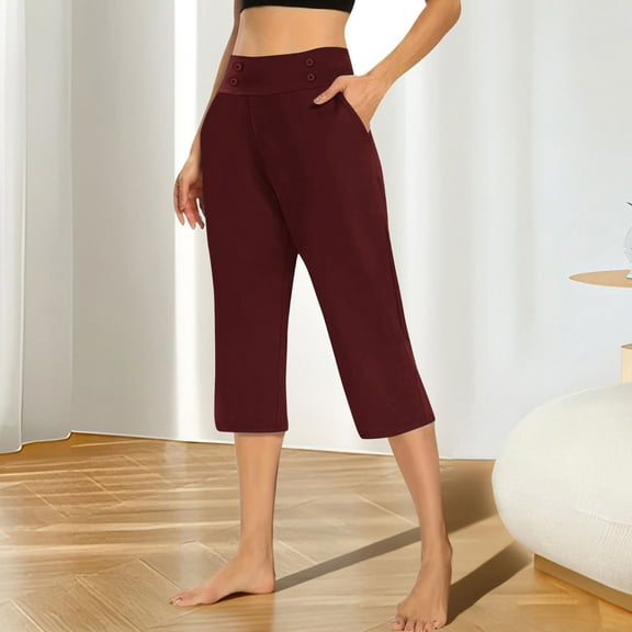 BLCHUNen Capris Pants for Women Loose Elastic Waist Lightweight Breathable Button Casual Outdoor Sports Active Athletic Yoga Pants