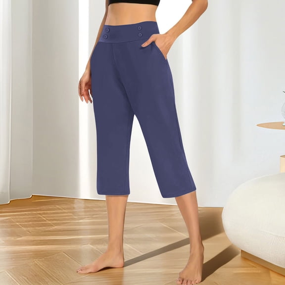 BLCHUNen Capris Pants for Women Loose Elastic Waist Lightweight Breathable Button Casual Outdoor Sports Active Athletic Yoga Pants