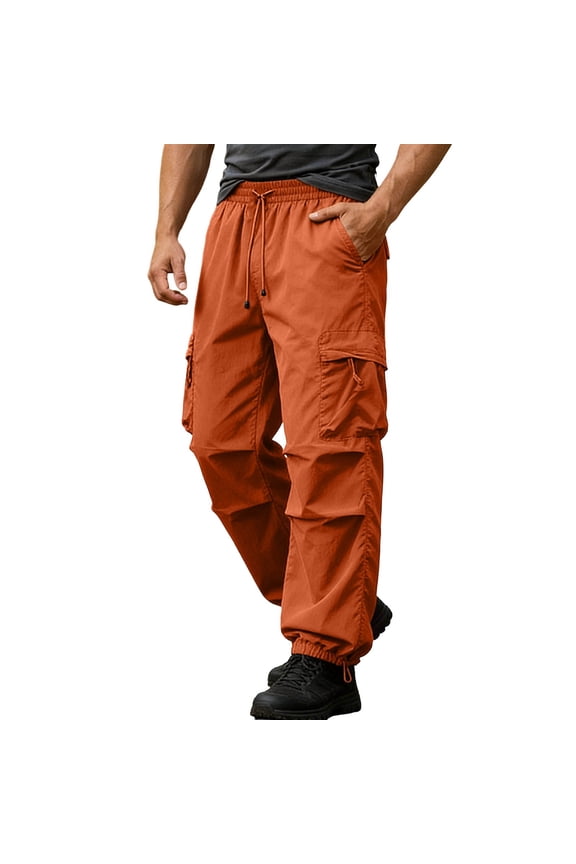 Cargo Pants for Men Wide Leg Elastic High Waisted Hiking Pants Casual Loose Quick Dry Camping Trousers,L,Orange