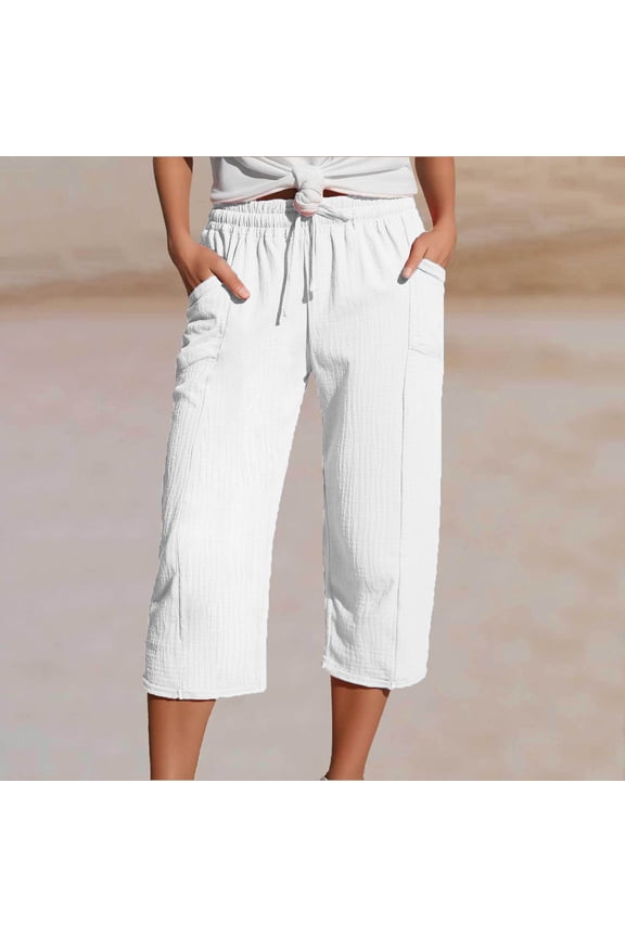 Cargo Pants for Women Knee Length Casual Cropped Button Elastic Waist Lightweight Lounge Summer Pants with Pockets