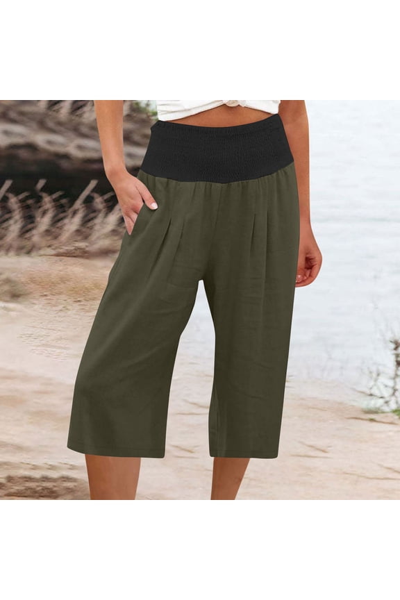 Carpi Pants for Women Lightweight Loose Breathable Elastic High Waist Summer Pants with Pockets