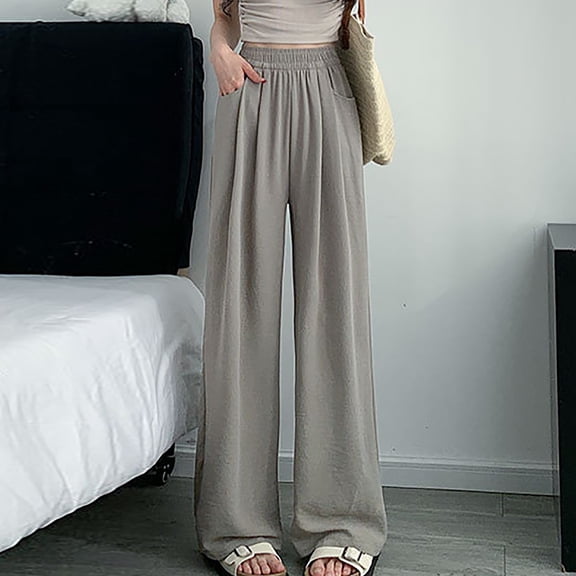 BLCHUNen Casual Pants for Women Elastic High Waist Solid Color Straight Leg Loose Comfy Loungewear Trousers with Pockets