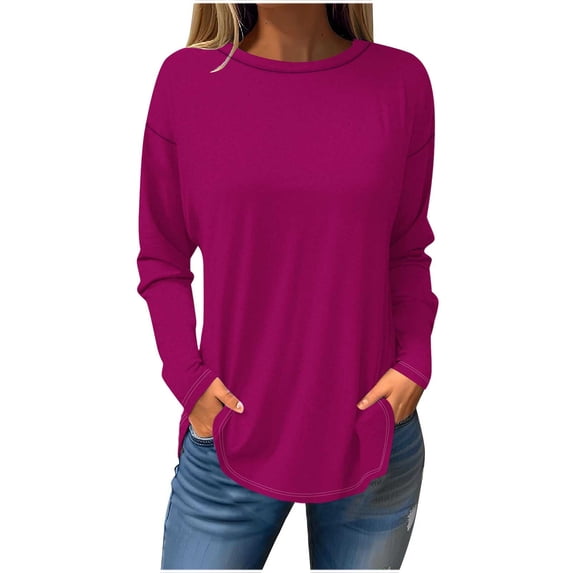 BLCHUNen Casual Tops for Women Crew Neck Long Sleeve Contrast Tshirts Comfortable Fitting Pullover Tees,XXXL,Purple