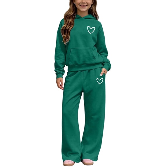 BLCHUNen Clothes for Girls 2 Piece Outfit Casual Hooded Workout Sweatshirts Wide Leg Print Pants Lightweight Workout Sets,Green