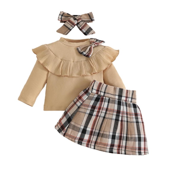 BLCHUNen Clothes for Girls 3 Piece Outfit Long Sleeve Bowknot Pullover Tops A-Line Casual Plaid Skirts with Hairband Set,Khaki