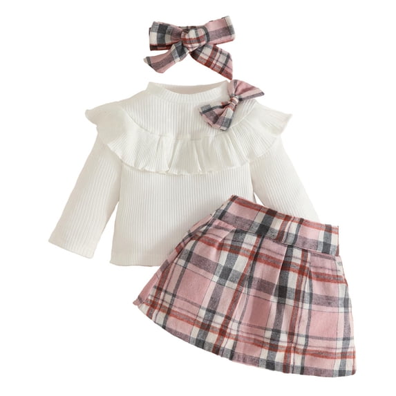 BLCHUNen Clothes for Girls 3 Piece Outfit Long Sleeve Bowknot Pullover Tops A-Line Casual Plaid Skirts with Hairband Set,Pink