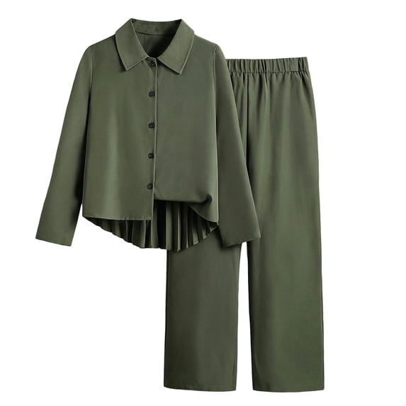 BLCHUNen Clothes for Girls Button down Long Sleeve Back Pleated Shirts Straight Wide Leg Trousers Dressy Casual 2 Piece Outfit,Green