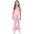thumbnail image 1 of BLCHUNen Clothes for Girls Casual Comfy 2 Piece Outfits Short Sleeve Side Drawstring Tops Elastic High Waist Flare Pants,Pink1, 1 of 9