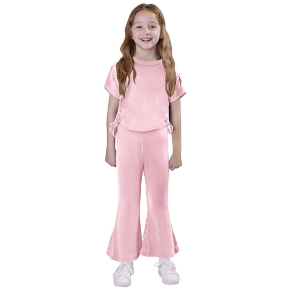 BLCHUNen Clothes for Girls Casual Comfy 2 Piece Outfits Short Sleeve Side Drawstring Tops Elastic High Waist Flare Pants,Pink1