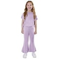 thumbnail image 1 of BLCHUNen Clothes for Girls Casual Comfy 2 Piece Outfits Short Sleeve Side Drawstring Tops Elastic High Waist Flare Pants,Purple, 1 of 9
