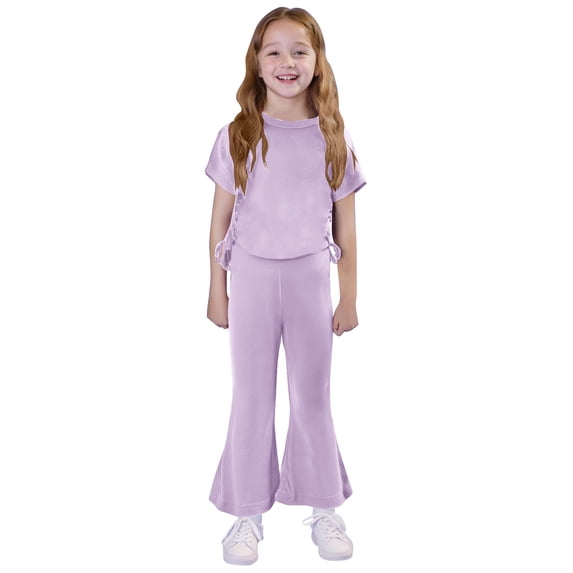 BLCHUNen Clothes for Girls Casual Comfy 2 Piece Outfits Short Sleeve Side Drawstring Tops Elastic High Waist Flare Pants,Purple