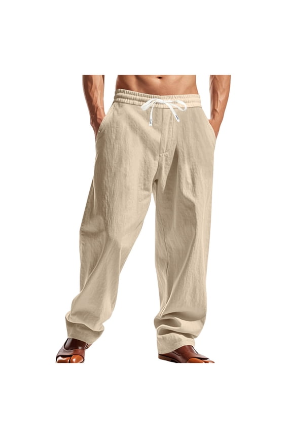 Cotton Linen Pants for Men Elastic High Waisted Casual Straight Leg Pants Loose Beach Vacation Trousers,XXXL,Khaki