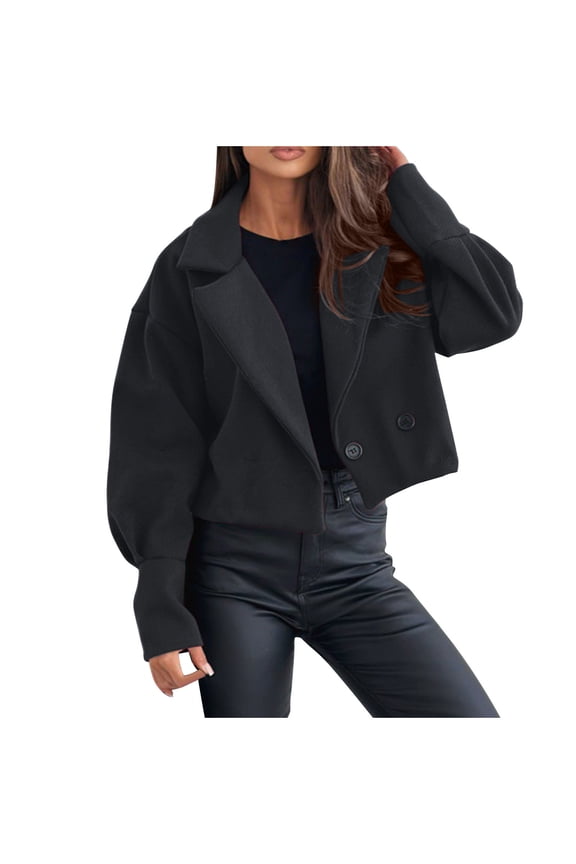 Crop Jackets for Women Loose Long Sleeve Open Front Coats Lapel Neck Button Comfortable Jackets Fashion,S,Black