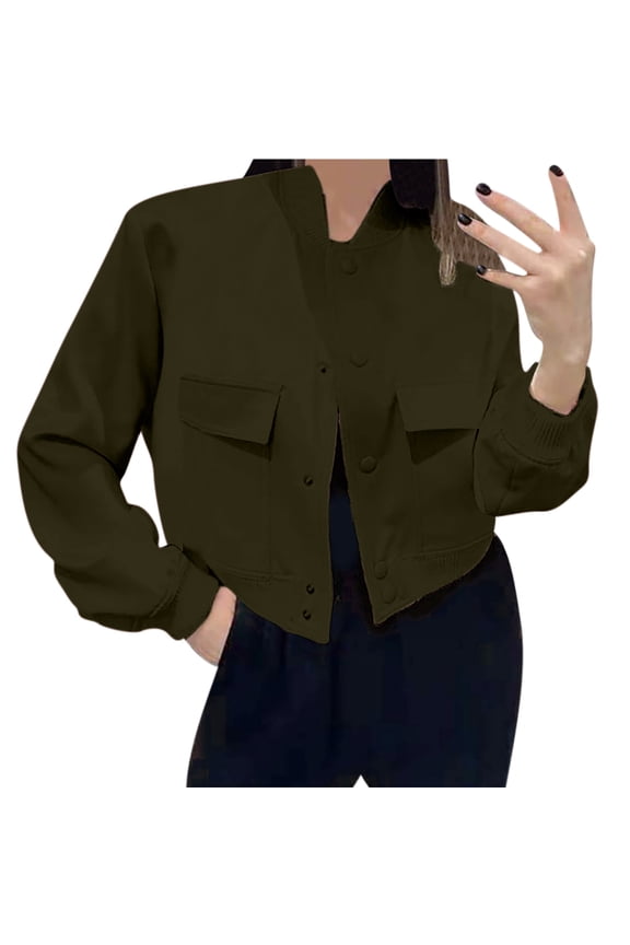 Crop Jackets for Women Stand Collar Long Sleeve Button down Casual Fitting Outerwear Jackets with Pockets,XL,Army Green