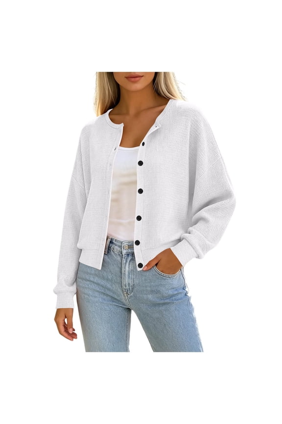 Cropped Jacket Women Button down Long Sleeve Outerwear Jackets Drop Shoulder Casual Loose Solid Color Coats,S,White