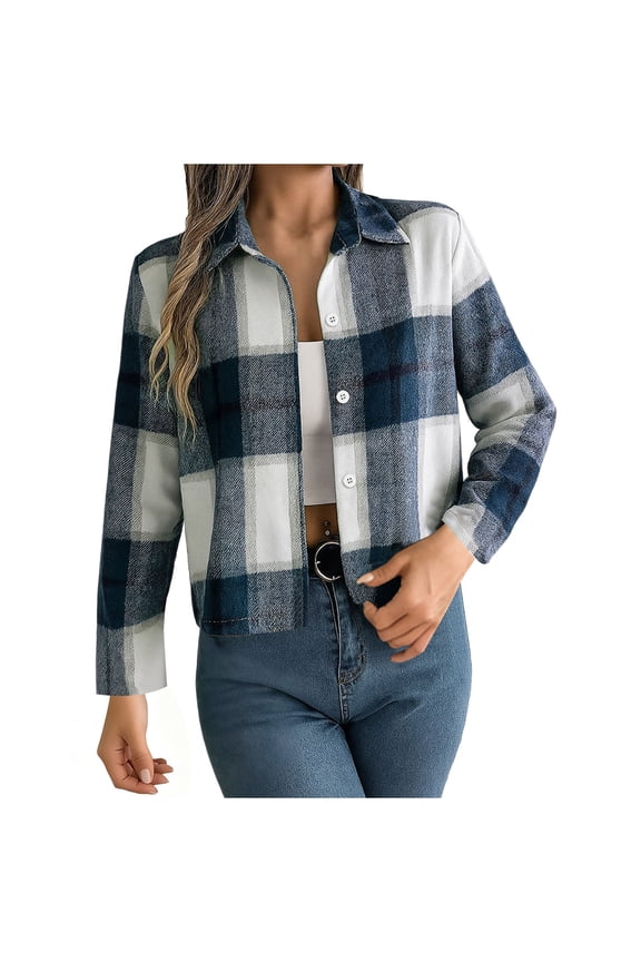 Cropped Jacket Women Lapel Neck Casual Plaid Jackets Fitting Long Sleeve Button down Outerwear Coats,XXXL,Blue