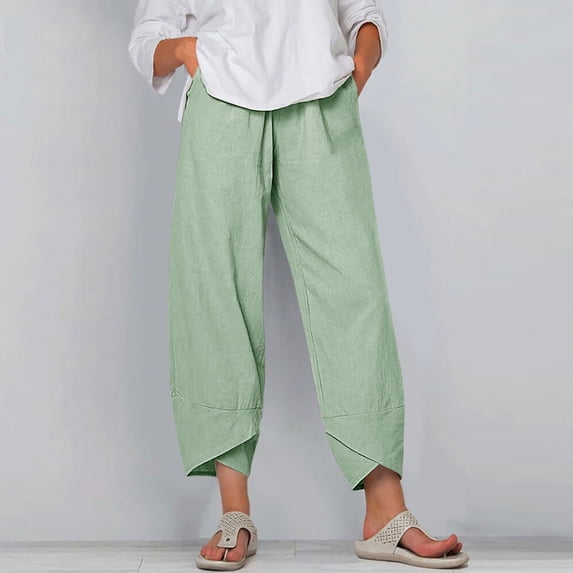 BLCHUNen Cropped Pants for Women Cotton Linen Elastic Waist Casual Lightweight Beach Summer Pants with Pockets