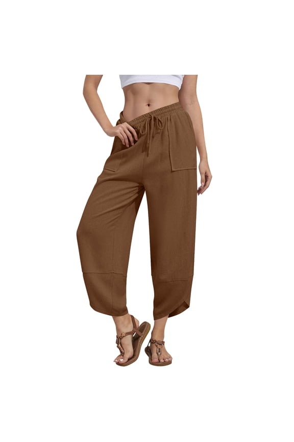 Cropped Pants for Women Wide LED Drawstring Elastic Waist Loose Breathable Casual Outdoor Relaxed Pants with Pockets