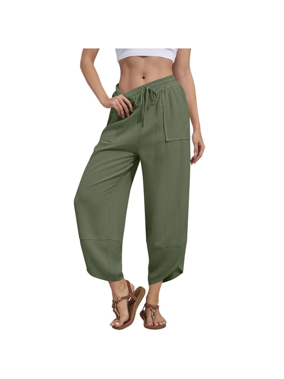 Cropped Pants for Women Wide LED Drawstring Elastic Waist Loose Breathable Casual Outdoor Relaxed Pants with Pockets