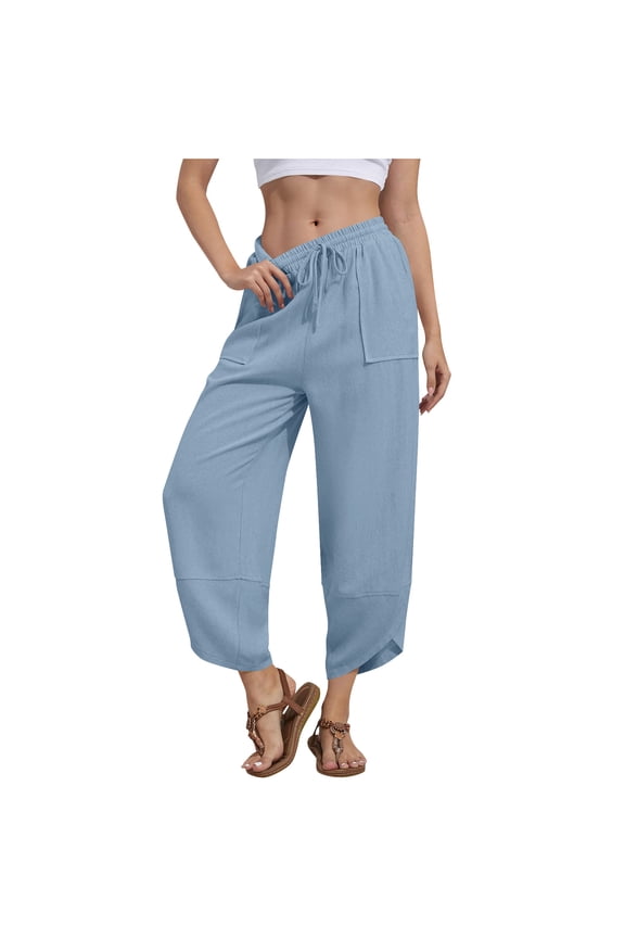 Cropped Pants for Women Wide LED Drawstring Elastic Waist Loose Breathable Casual Outdoor Relaxed Pants with Pockets