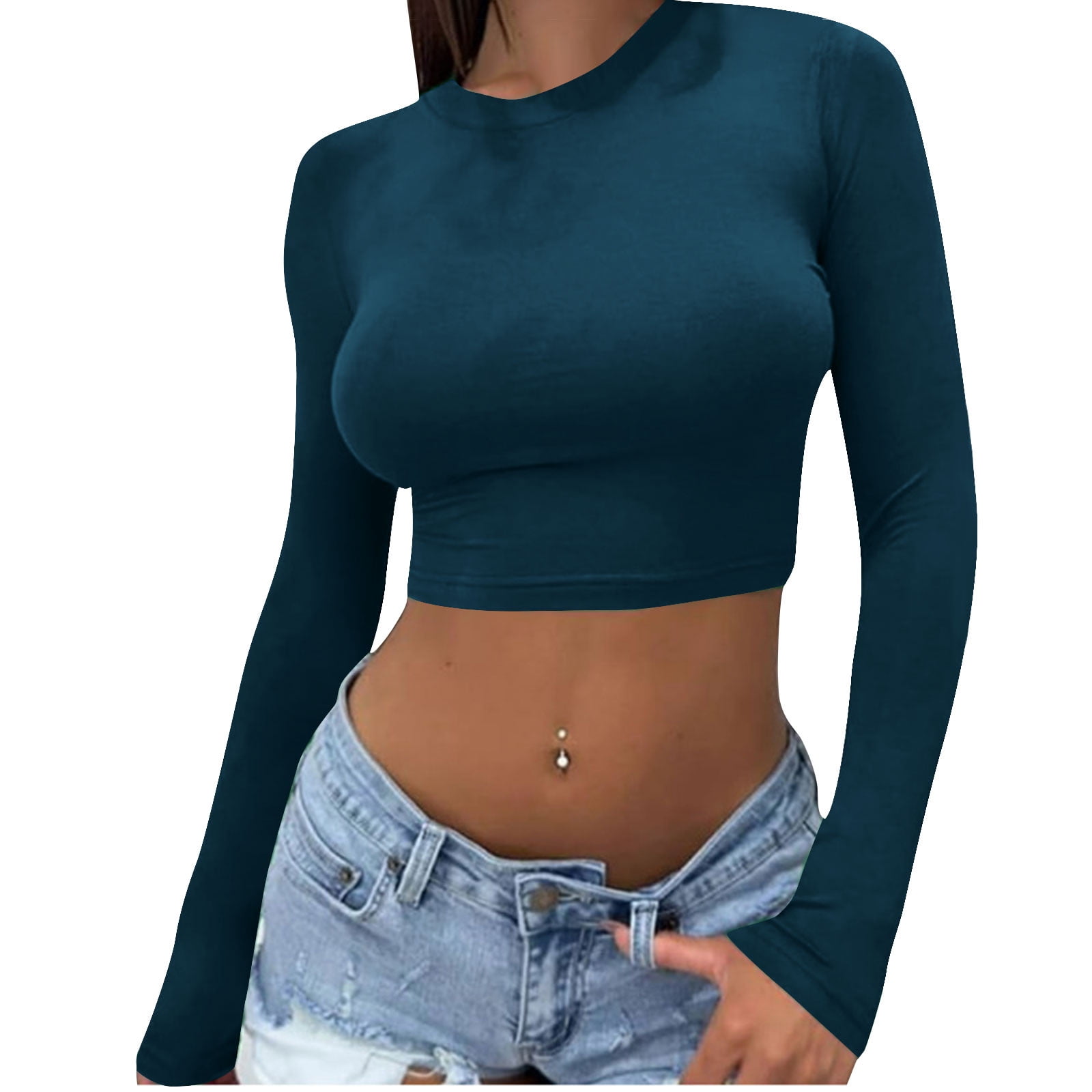 BLCHUNen Cropped Tops for Women Trendy Long Sleeve Slim Fitted Pullover ...