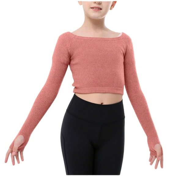 BLCHUNen Girls Long Sleeve Tops for 5-16 Years Ribbed Knit Cropped Crew Neck Pullover Sports Dance Fall Tops with Thumb Holes