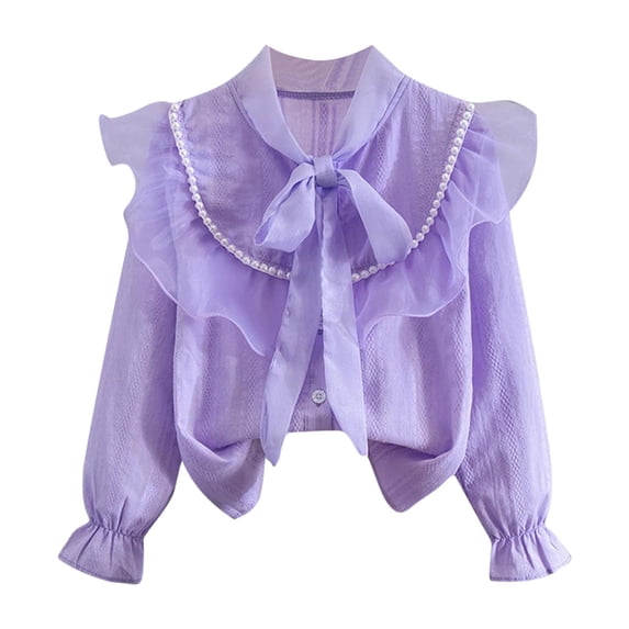 BLCHUNen Kids Girls Long Sleeve Shirts Cute Button down Shirts Tie Neck Ruffle Long Sleeve Comfy Blouse,Purple