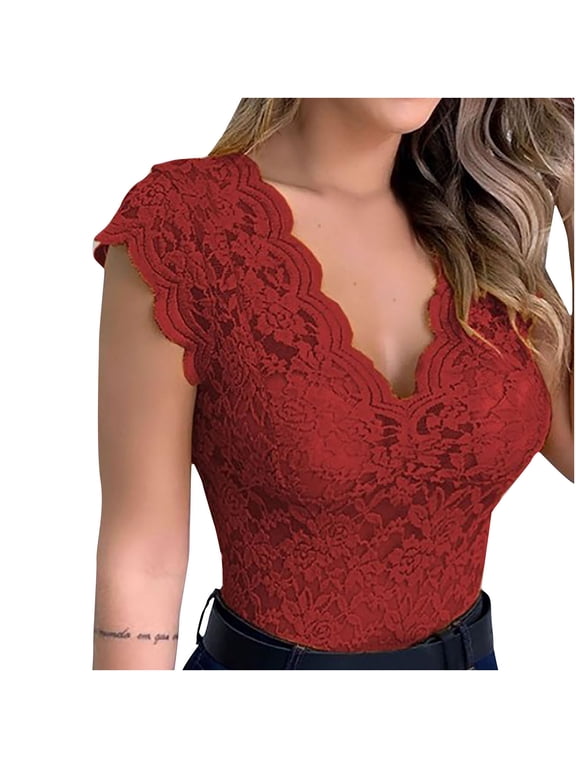 Lace Tops for Women Cap Sleeve Mesh Sheer Slim Blouse Summer Dressy Casual V Neck Going out Tops Fashion