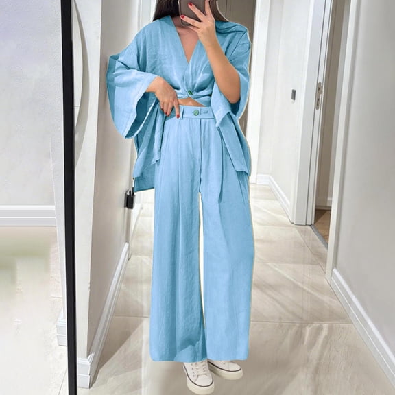 BLCHUNen Ladies Pajamas Sets Cotton Linen Lightweight Loose Breathable V Neck Button Casual Loungewear Long Sleeve 2 Piece Sets
