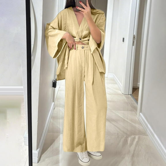 BLCHUNen Ladies Pajamas Sets Cotton Linen Lightweight Loose Breathable V Neck Button Casual Loungewear Long Sleeve 2 Piece Sets