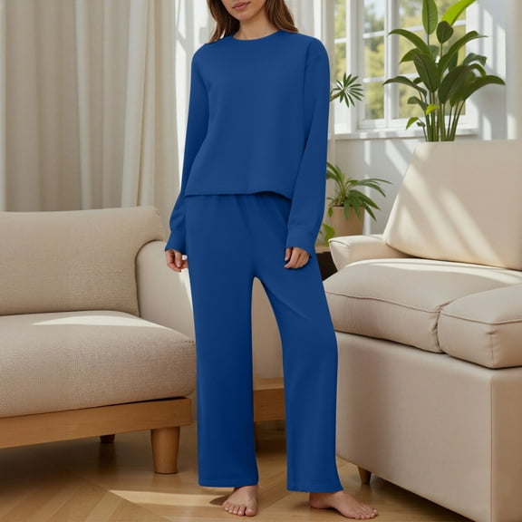 BLCHUNen Ladies Pajamas Sets Crew Neck Pullover Long Sleeve 2 Piece Sets Casual Comfy Loungewear Leisure Fall Winter Outfits