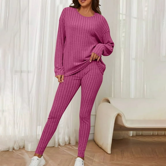 BLCHUNen Ladies Pajamas Sets Ribbed Knitted Crew Neck Pullover Long Sleeve 2 Piece Sets Casual Lightweight Loungewear Fall Outfits