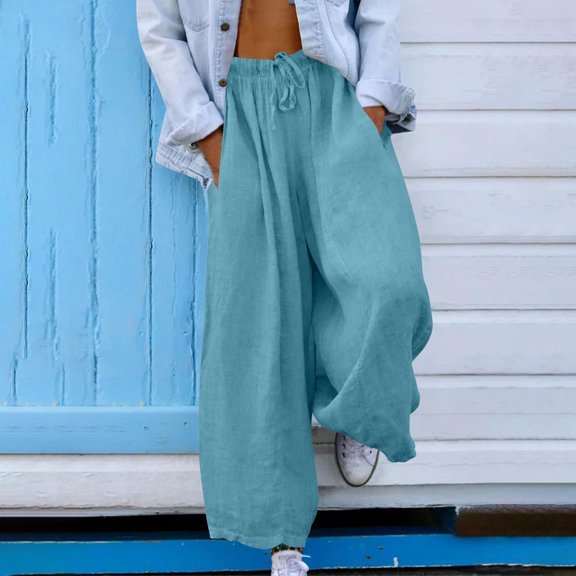 BLCHUNen Linen Pants for Women Lightweight Loose Breathable Casual Drawstring Elastic Waist Trousers with Pockets