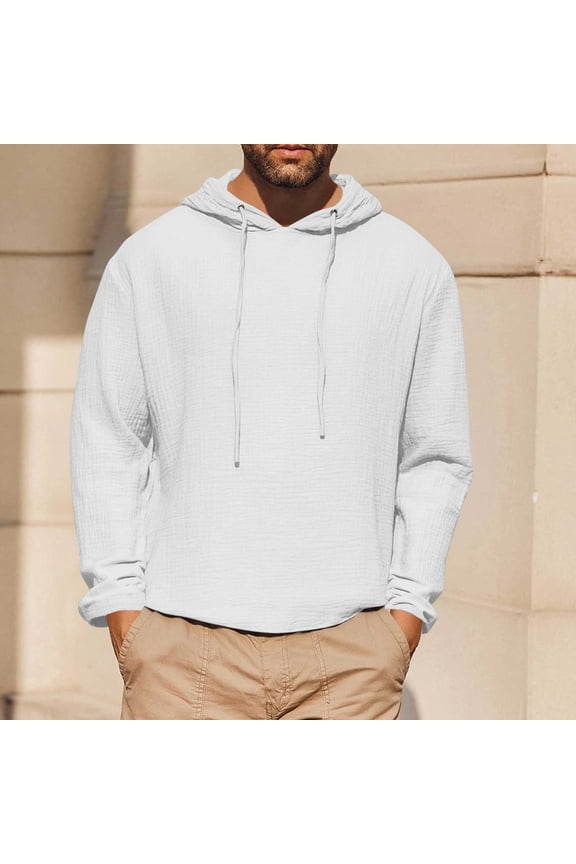 Linen Shirts for Men Hooded Long Sleeve Drawstring Pullover Lightweight Breathable Sports Workout Tops