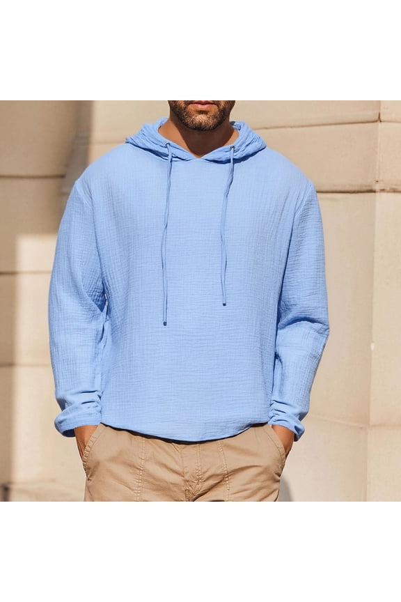 Linen Shirts for Men Hooded Long Sleeve Drawstring Pullover Lightweight Breathable Sports Workout Tops