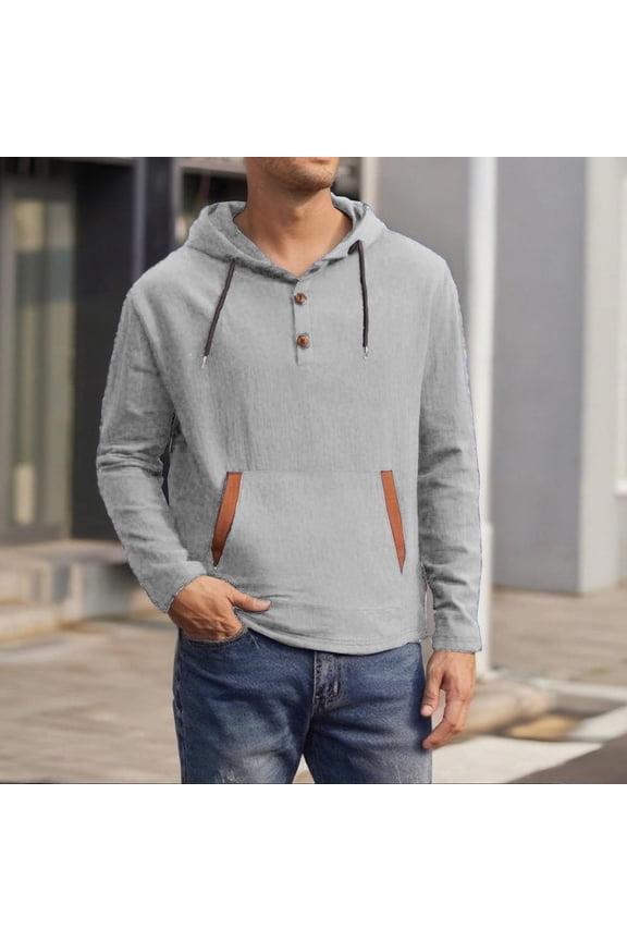 Linen Shirts for Men Hooded Pullover Drawstring Casual Breathable Fall Long Sleeve Sweatshirt with Pockets