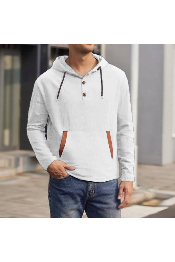 Linen Shirts for Men Hooded Pullover Drawstring Casual Breathable Fall Long Sleeve Sweatshirt with Pockets