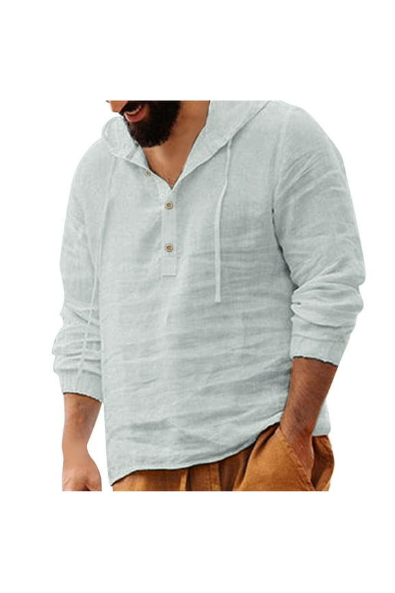 Linen Shirts for Men Long Sleeve Hooded Drawstring Pullover Casual Lightweight Breathable Beach Tops