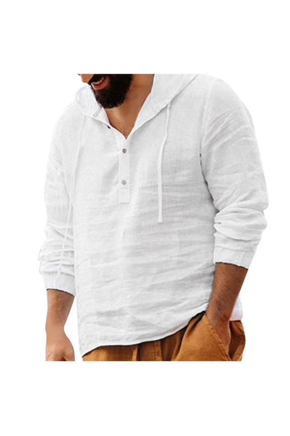 Linen Shirts for Men Long Sleeve Hooded Drawstring Pullover Casual Lightweight Breathable Beach Tops