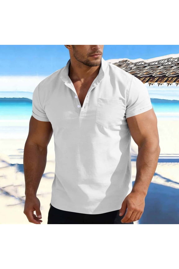 Linen Shirts for Men Short Sleeve Casual Button Pullover Lightweight Breathable Summer Workout Tops with Pocket