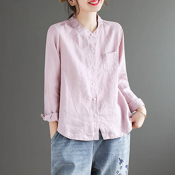BLCHUNen Linen Shirts for Women Long Sleeve Plus Size Button down Crew Neck Cardigan Lightweight Casual Home Workout Trendy Tops