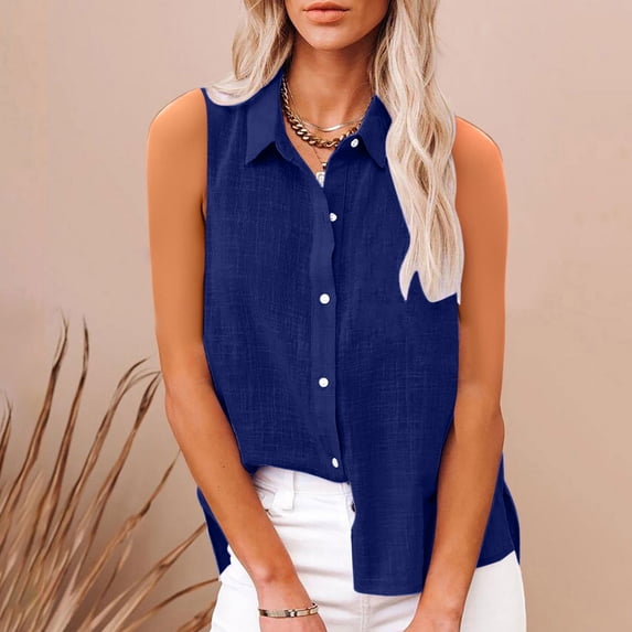 BLCHUNen Linen Shirts for Women Sleeveless Button down Side Slit Casual Lightweight Summer Beach Workout Tops