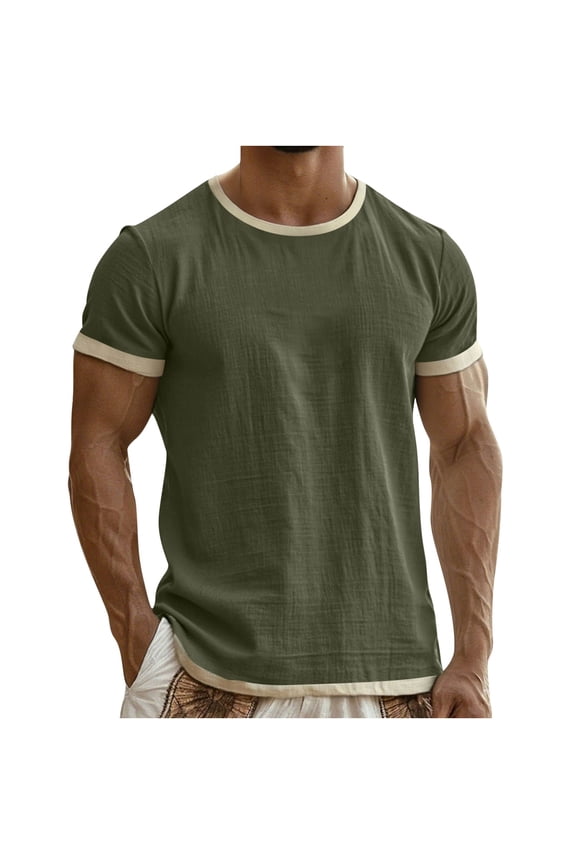 Linen Tops for Men Short Sleeve Crew Neck Pullover Lightweight Loose Breathable Sports Workout Tops