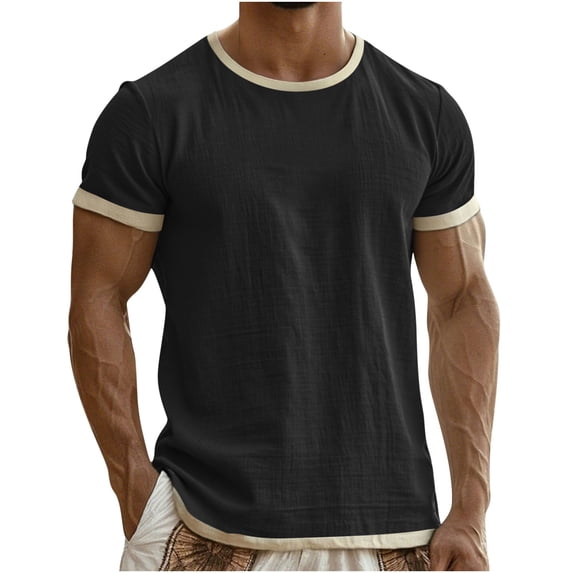 BLCHUNen Linen Tops for Men Short Sleeve Crew Neck Pullover Lightweight Loose Breathable Sports Workout Tops