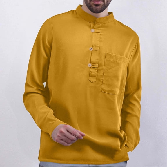 BLCHUNen Long Sleeve Shirts for Men Casual Lightweight Pullover Stand Collar Button Leisure Fall Tops with Pocket